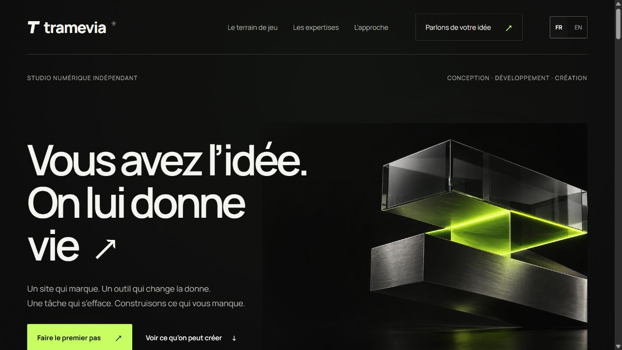 Capture réelle du site Tramevia : présentation du studio et identité noire et vert fluo
