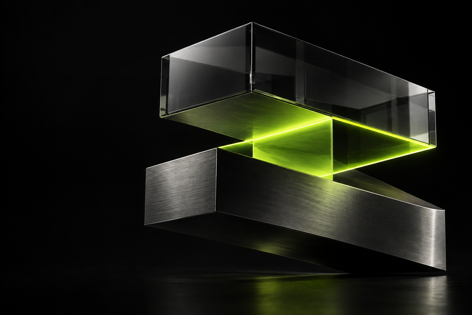 Architecture sculpturale en verre fumé et métal, traversée de lumière verte